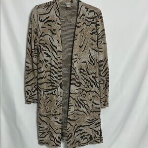 Chico’s women’s size mediumbrown black animal print long open sweater top